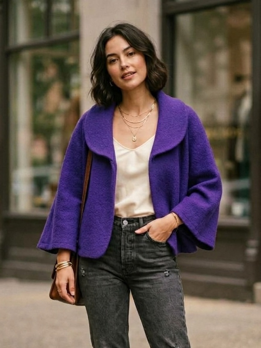 Vintage LIVE A LITTLE Women's Purple 100% Wool Swing Jacket - Size L